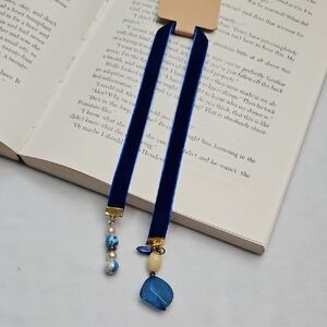 Handmade Blue Velvet Ribbon White Cream Beaded Bookmark Charm Book Mark